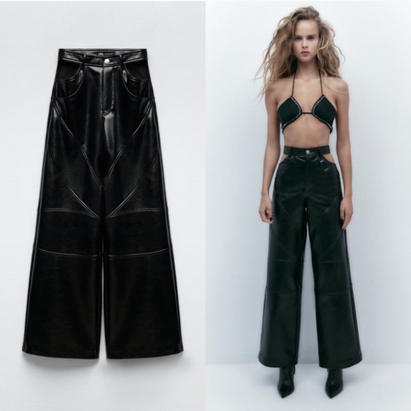 Zara * Faux Leather Cut Out Wide Pants Black size XS - Picture 3 of 16